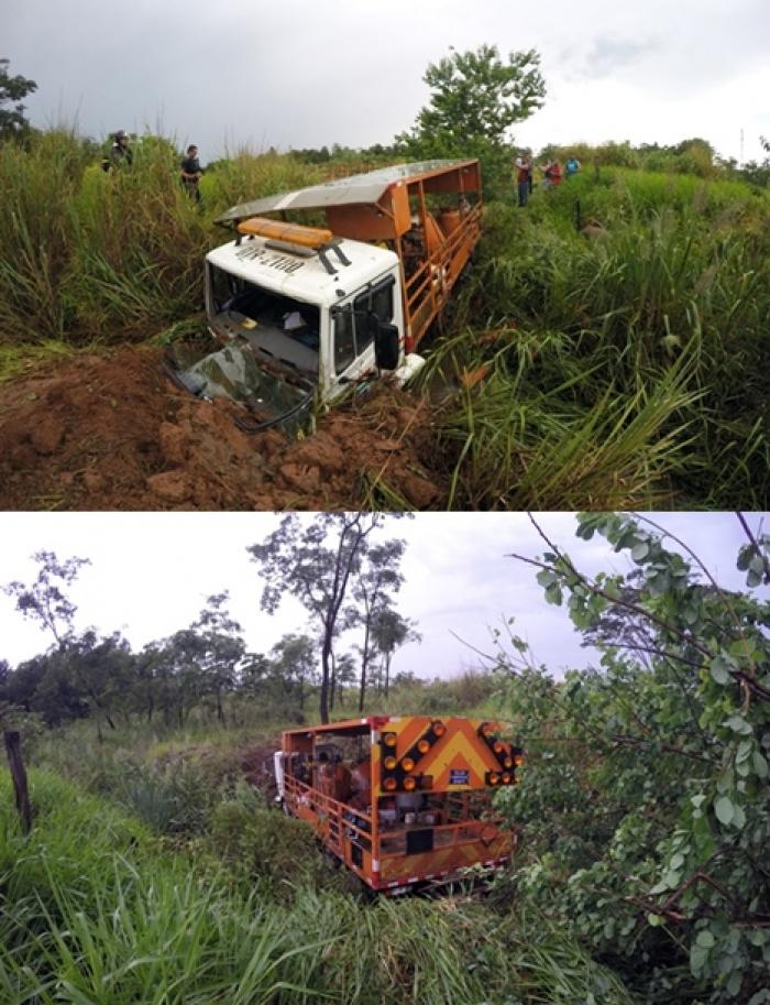 Dois ficam feridos após caminhão cair em córrego - Foto: Ronaldo Moura